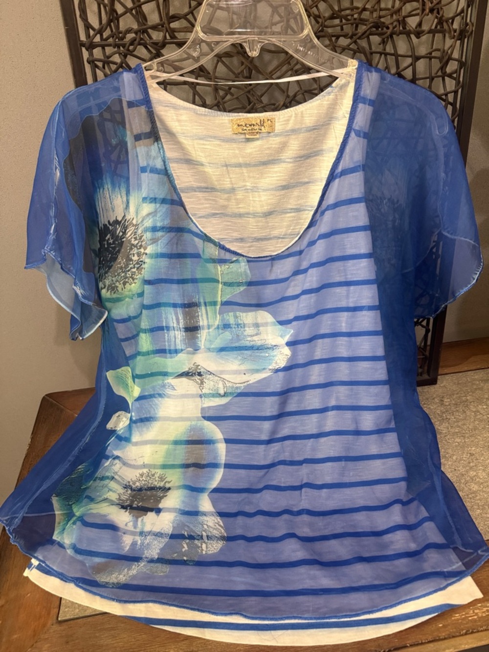 One World Blue Sheer Floral Top Striped Layered Boho Blouse PL - Picture 2 of 6